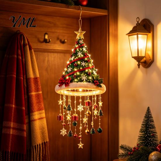 Holiday Party Supplies Lighted Christmas Ceiling Hanging Decor, Pre-Lit Tree Bell Pendant with Decorative Lights Warm LED, Porch Doorway Ornament,
