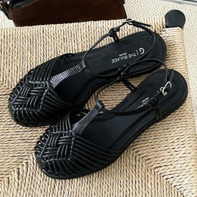 Мода Мода Плетеные Т-образные Сандалии на плоской подошве Женские Элегантные С круглым носком С ремешком на щиколотке Дизайнерская обувь Удобная Мягкая подошва Сандалии-гладиаторы