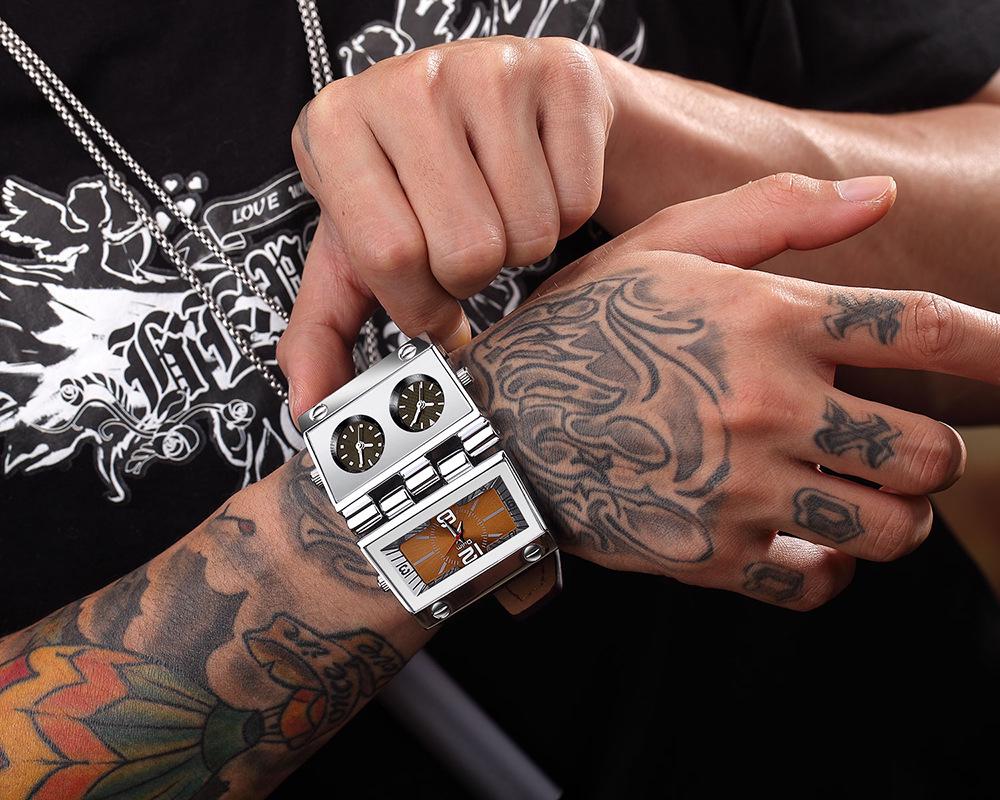 Мужские кварцевые часы Oulm с большим циферблатом и несколькими часовыми поясами, прямоугольные