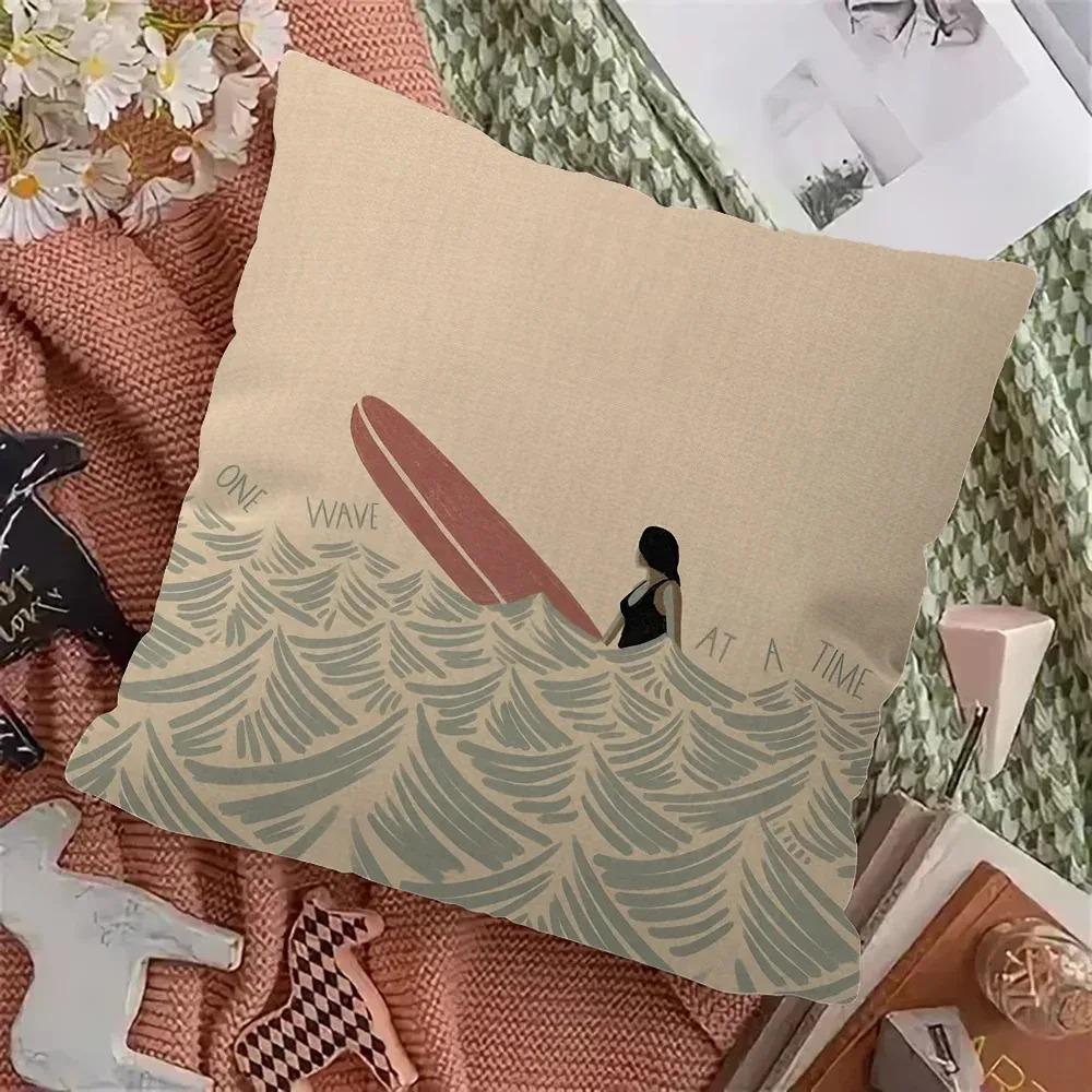 Nordic Summer Woman Art Pillow Case 2D Flat Printed Peach Skin Cushion Cover Ocean Waves Decorative Throw Pillowcase For Sofa