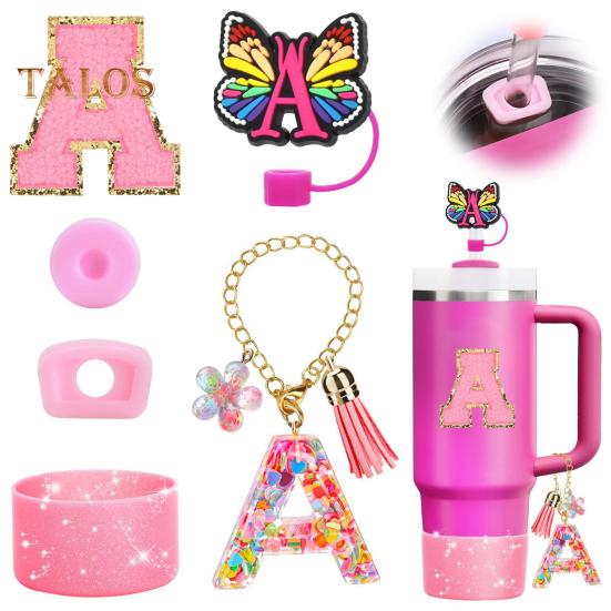 Набор из 6 аксессуаров для стакана, наклейки с буквами, бабочка, соломенная крышка, чехол для чашки, многоразовые, легко моющиеся декоративные аксессуары для стакана Stanley