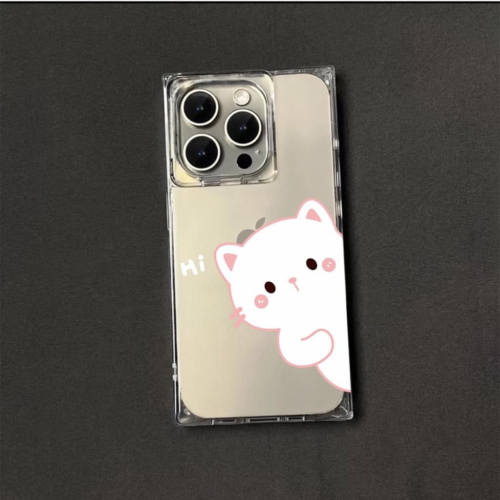 Прозрачный квадратный чехол-трубка для защиты iPhone 15 Plus 11 13 16 ProMax 12 14 Pro Max, защита от окисления, чехол с рисунком «Привет, маленький котик»