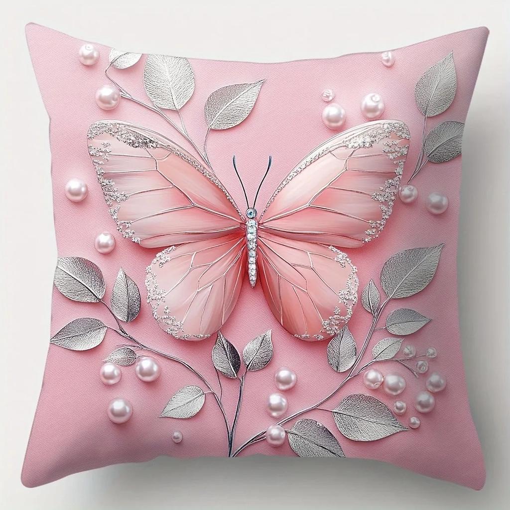 Home Decor Pink Roses & Butterflies Pillow Covers Pattern Cushion Cover Suitable For Sofa Bedroom Car Pillow Cover