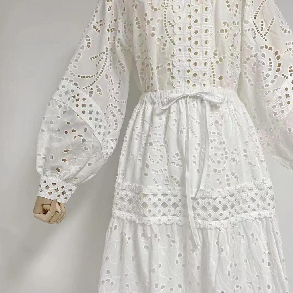 Комплект из топа с V-образным вырезом и рукавами-фонариками и ажурной юбки на резинке для женщин, осень 2023