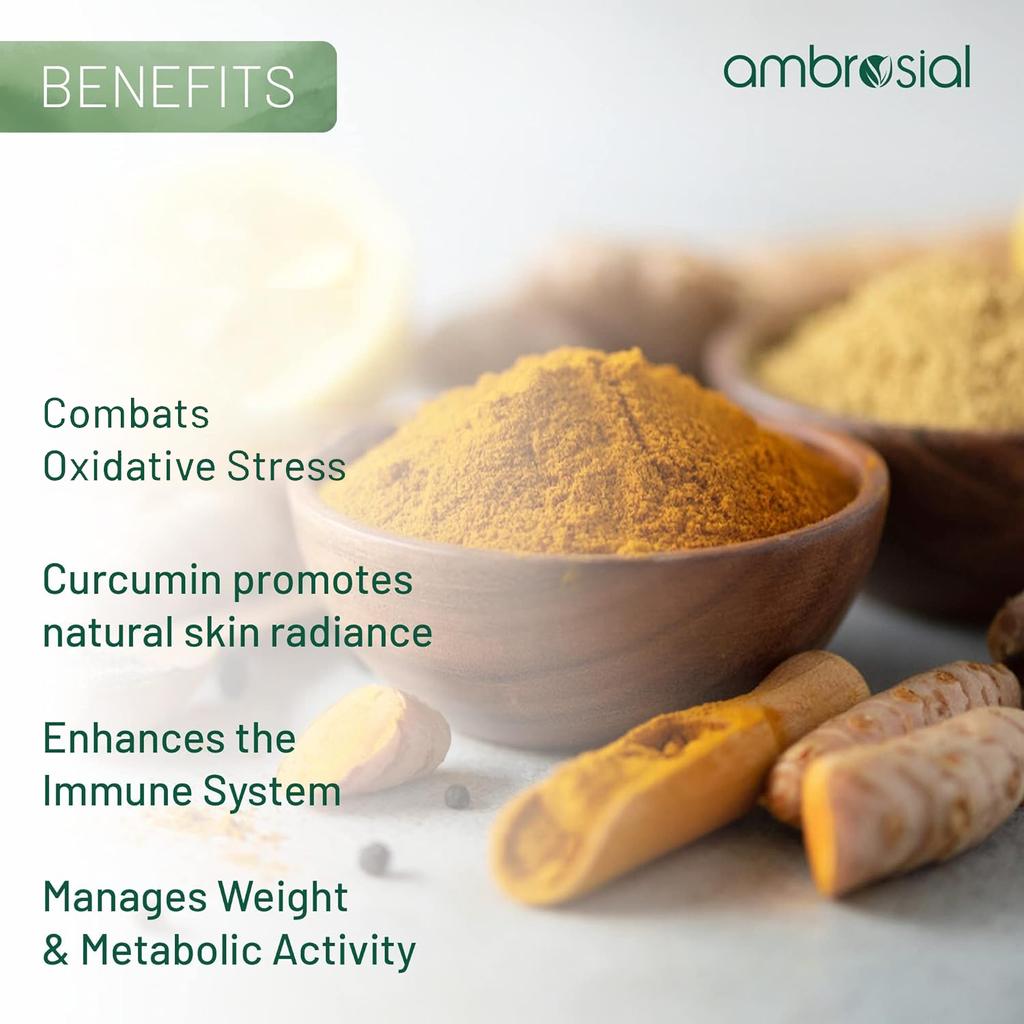 Капсулы Ambrosial Curcumin с куркумой и черным перцем и имбирем | Капсулы с куркумой высокой концентрации с улучшенной абсорбцией (Упаковка 1-60 капсул)