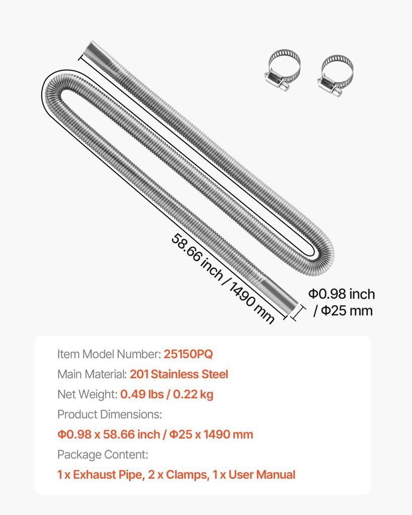 Exhaust Hose, 1490mm Stainless Steel Exhausts Hose, Diesel Heater Flexible Exhaust Pipe with 2 Hose Clamps, Exhausts Hoses Kit Diesel Heater