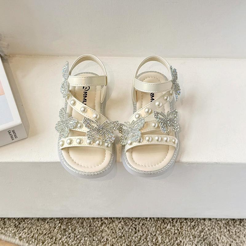 Сандалии принцессы со стразами и бабочкой-узлом для девочек, модные детские сандалии-гладиаторы с жемчугом, детская летняя пляжная обувь 2024 года, новинка