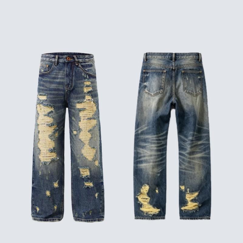 Mens Vintage Distressed Straight Leg Jeans Loose Fit Casual Streetwear Denim Pants