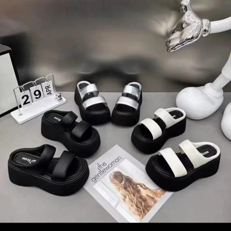 Fashion 2025 New Summer Women Slippers Flip-Flops Ladies Wedge Heels Shoes Woman High Platform Beach Slipper Outside Black Sandals 9CM