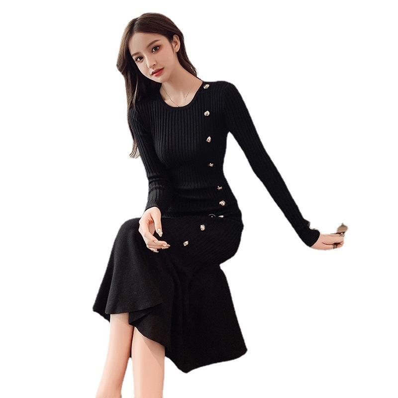 Осеннее женское платье-хепберн с круглым вырезом и талией, трикотажное платье-рыбий хвост