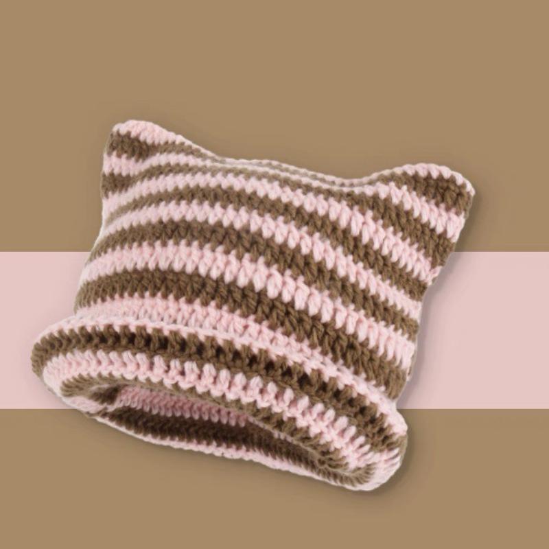 Осенне-зимняя шерстяная шапка в полоску с изображением японского дьявола, теплая вязаная шапка-пуловер с ушками кошки, зимняя шапка