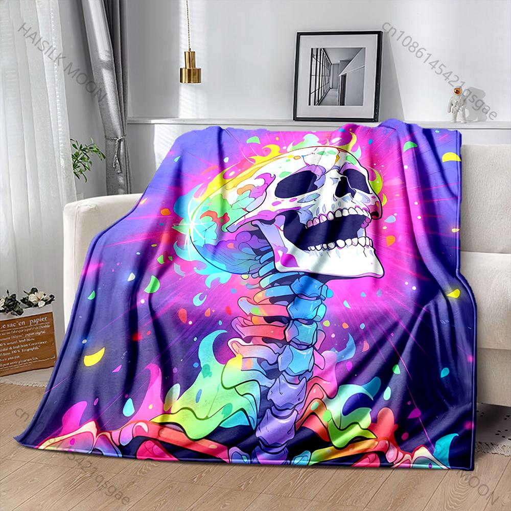 Multisize Neon Skull Art Blanket Warm Soft Fluffy Kids Adult Luxury Gifts for Sofa Bed Home Outdoor Travel Camping Blanket