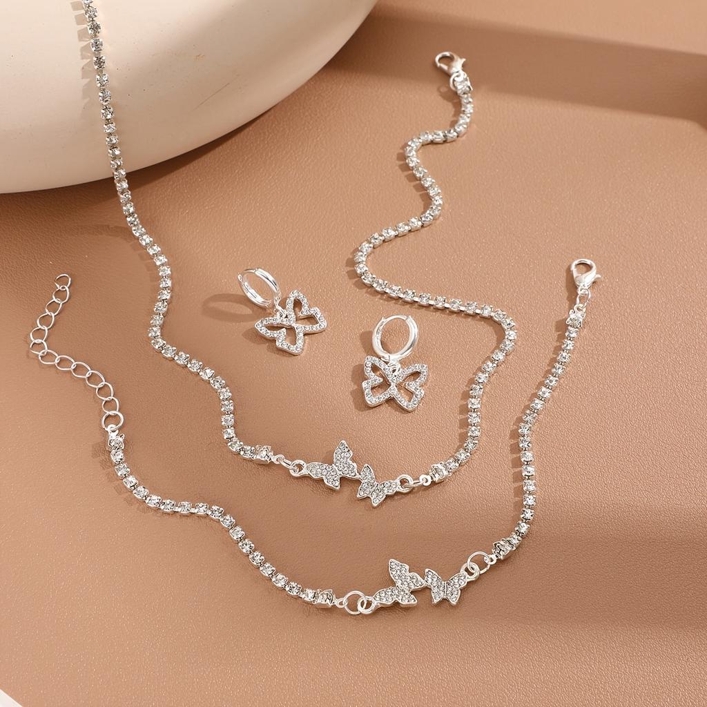 Three-piece artificial rhinestone butterfly necklace, earrings, and bracelet set