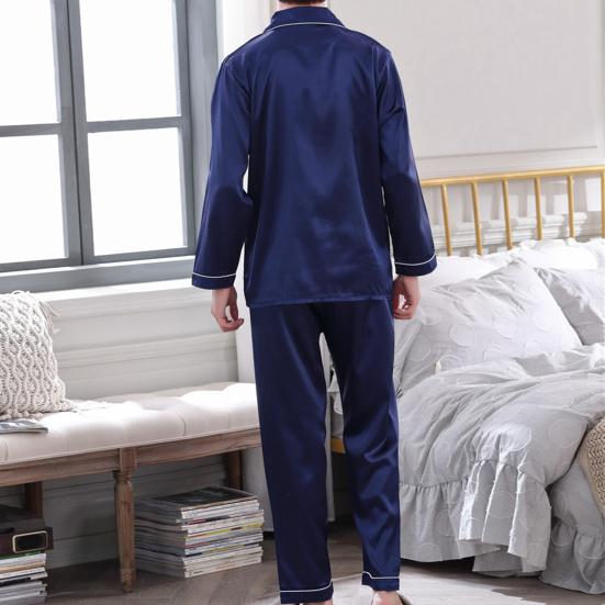 2 Pcs/Set Men Pajamas Set Satin Lapel Long Sleeve Single-breasted Patch Pocket Elastic Waist Soft Wide Leg Men Homewear Shirt Pants Set Fall