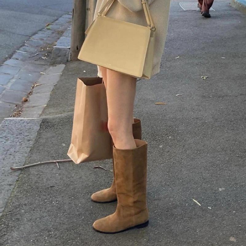 Версия из овчины~ Корейская версия замшевых сапог-труб с высоким голенищем в стиле вестерн для женщин на плоской подошве, визуально стройнящие, но сапоги до колена, сапоги-рыцари