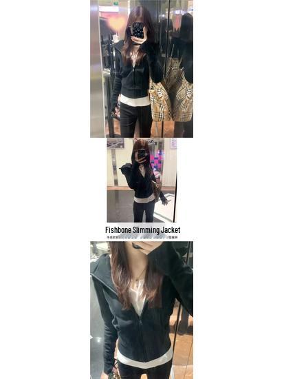 Spot Black Slim Fit Waist-Cinched Hooded Sweatshirt for Women, Autumn New Style, Slimming & Versatile Fall Wear.