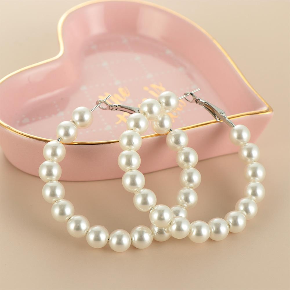 Women Wedding Engagement Fashion Round Shape Pearl Hoop Earrings Drop Dangle Ear Stud Elegant
