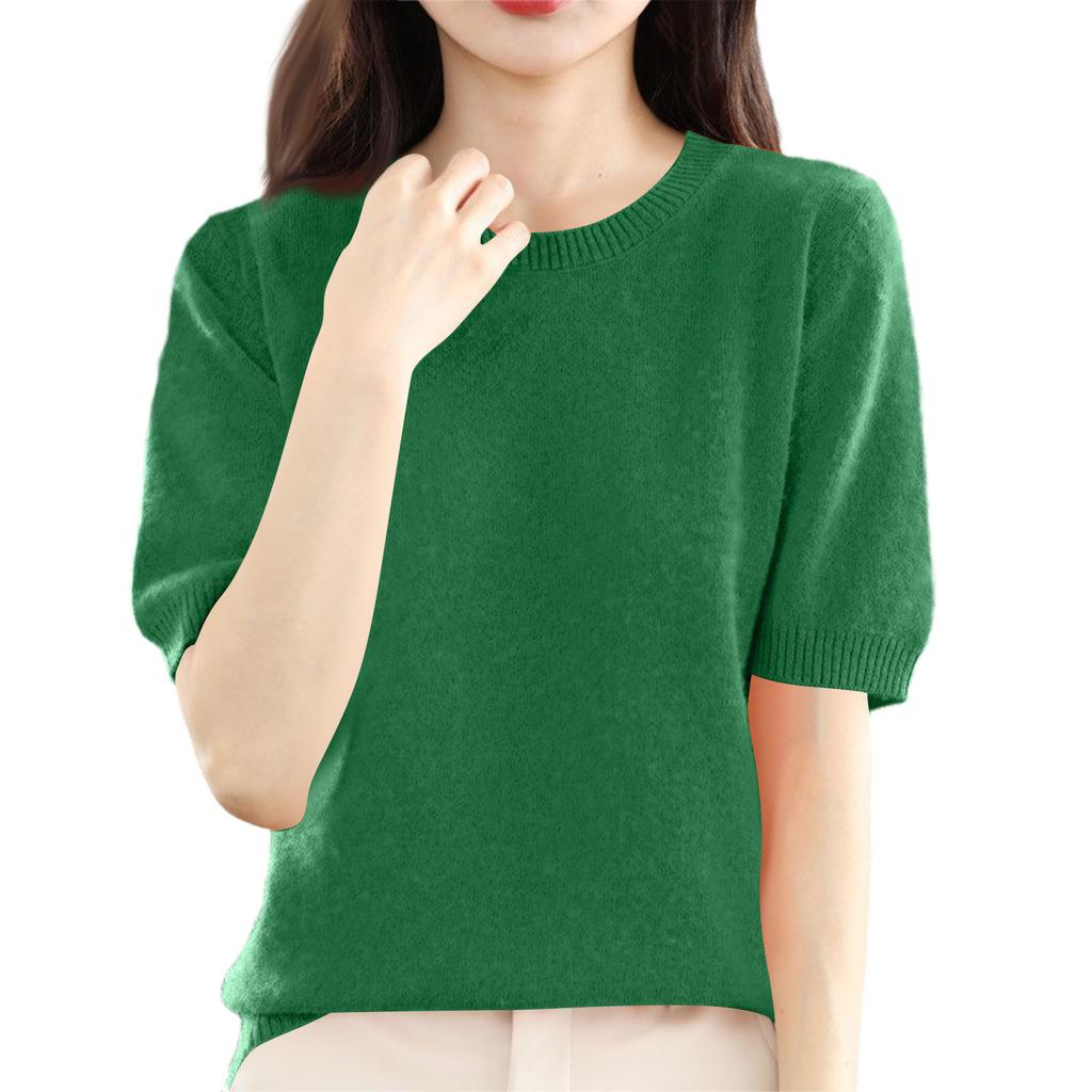 Women's Fashion Wool Knit Half Sleeve Round Neck Solid Colour Bottom Shirt Knitted T-Shirt Top