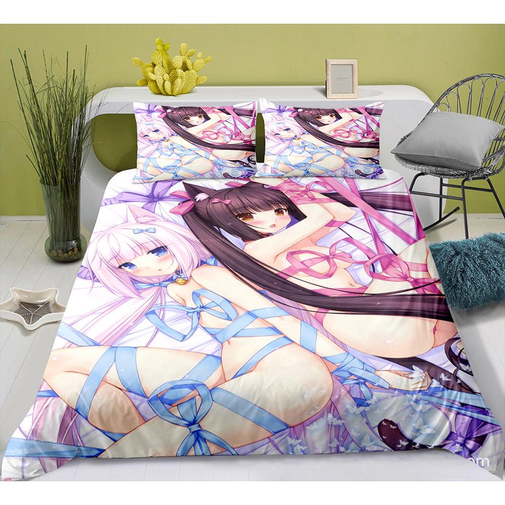 Милый аниме-узор кошки-горничной NEKOPARA, комплект постельного белья из 3 предметов, игровой принт, пододеяльник и наволочка, украшение для спальни для подростков-отаку