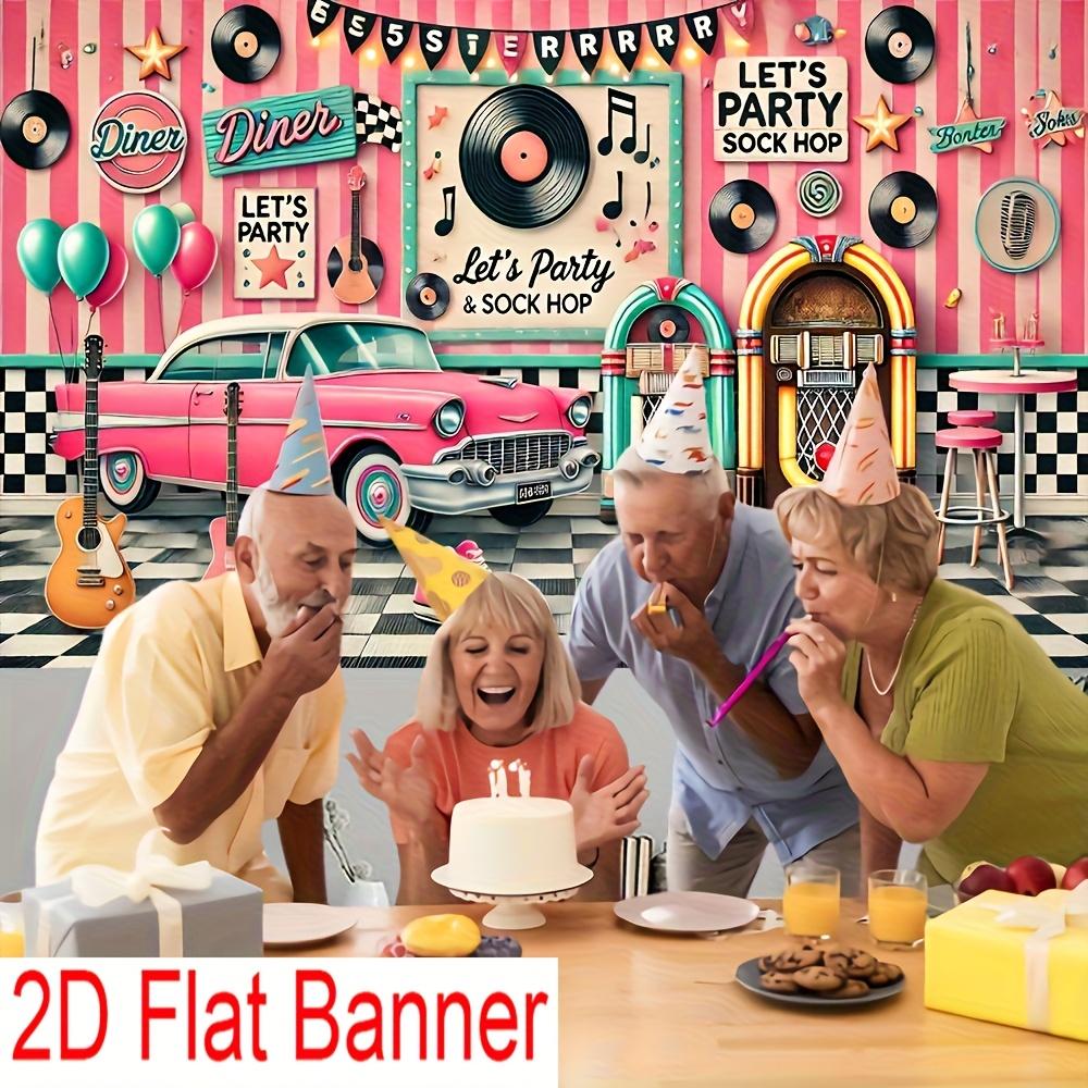 Pink car and vintage music-themed party backdrop fabric made of durable polyester fiber material