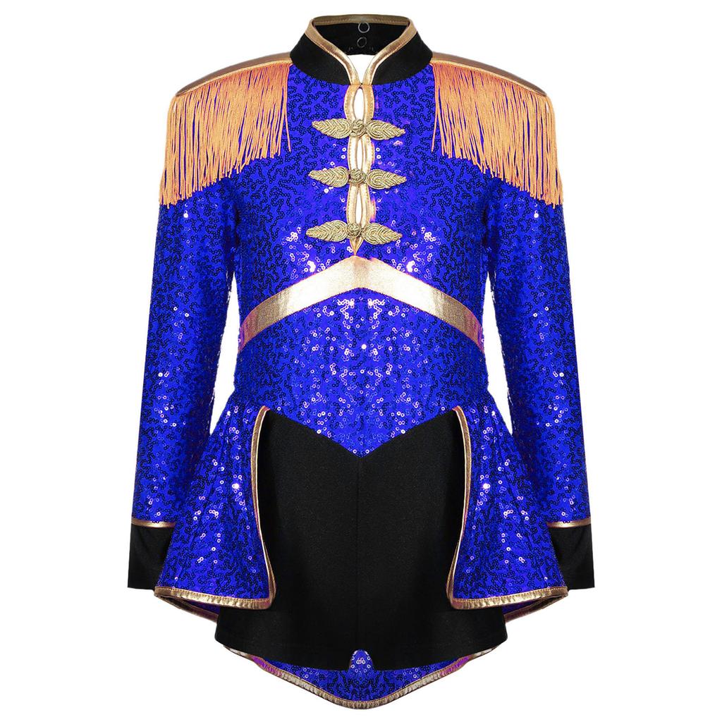 Girls Circus Drummer Costume Long Sleeve Sequined Bodysuit Fringe Epaulet Shoulder Mini Top Hat Accessory