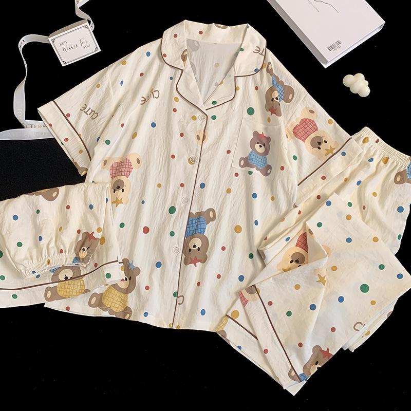 Color Polka Dot Bear Pajamas Women'S Summer Cloud Cotton Short-Sleeved Three-Piece Casual Thin Loungewear