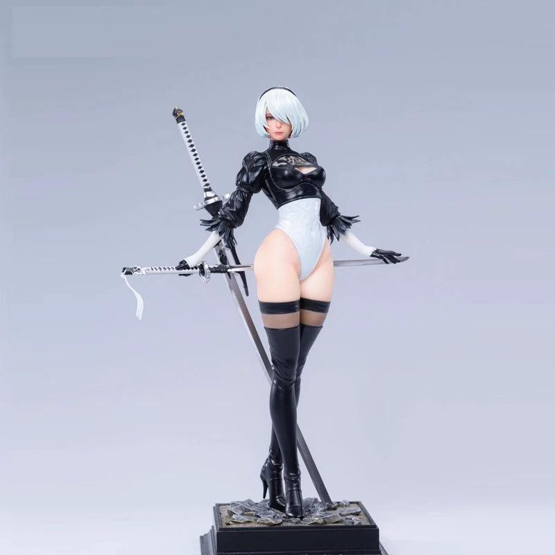 NieR Automata 2B Аниме Девушка GK Фигурка Двойная Голова Скульптура Высокий Разрез Боевой Костюм Коллекционная Статуя Настольное Украшение