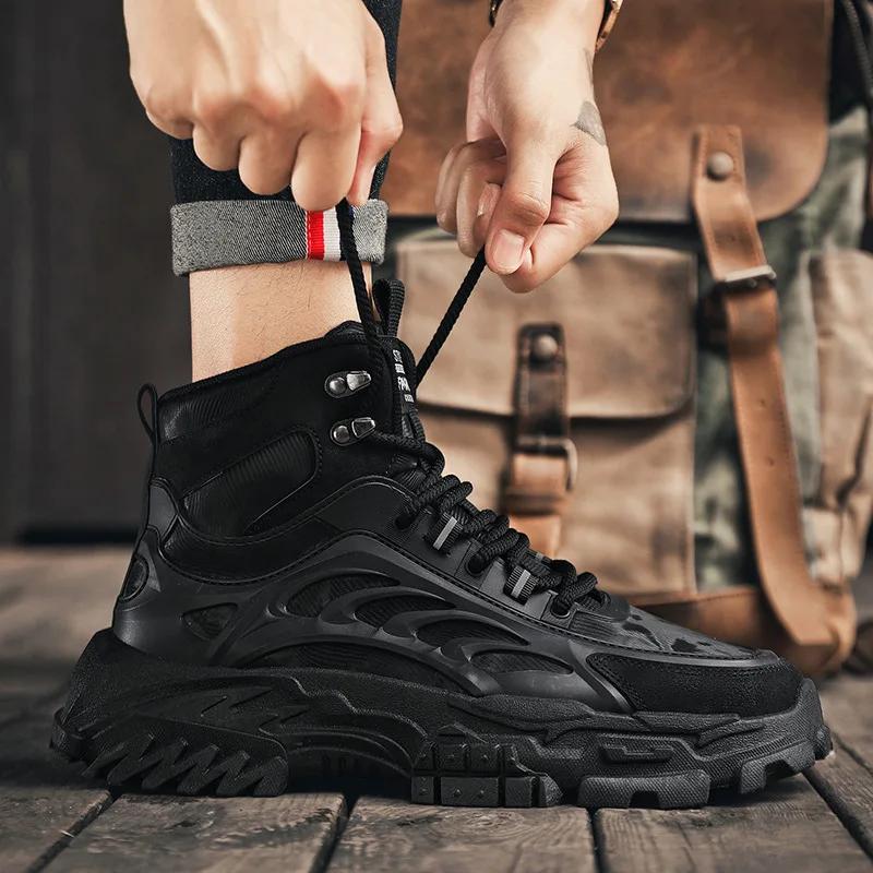 Мода 2024 года, новые осенне-зимние высокие мужские ботинки на толстой подошве, повседневные ковбойские сапоги для работы на открытом воздухе, модная мужская обувь на платформе в стиле ретро