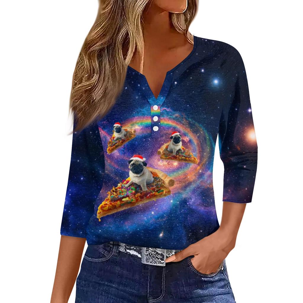Women's Fashionable Casual Christmas Printed V-neck Three-quarter Sleeve Decorated Button Top