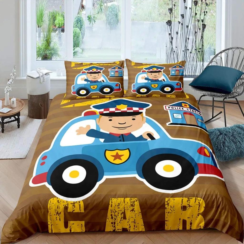 Police Car Duvet Cover Set King Queen Size Polyester Quilt Cover Cartoon Car Pattern For Kids Teens Bedding Set With Pillowcase