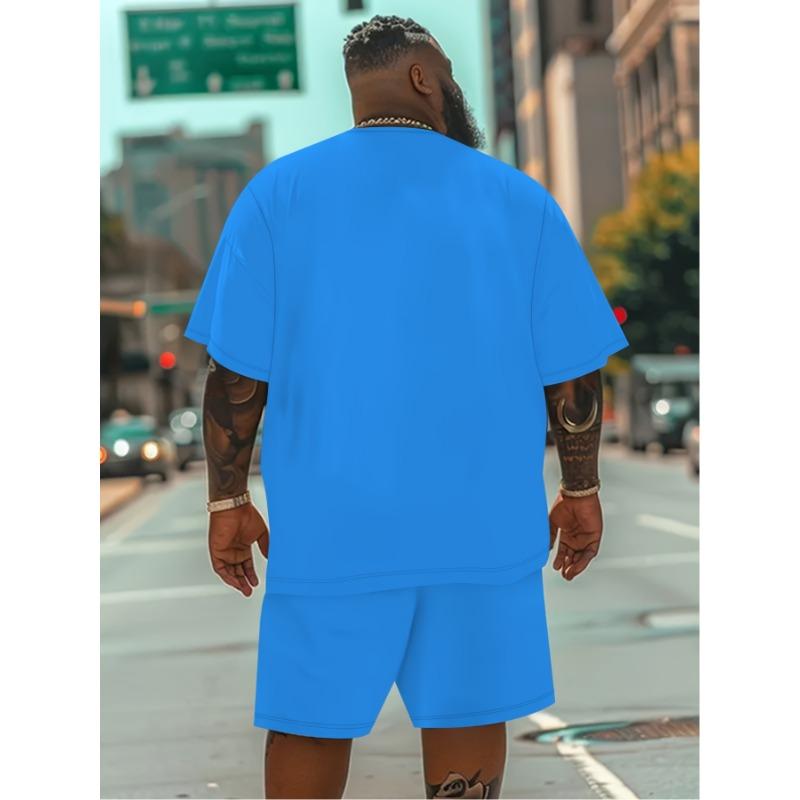 Комплект из 2 предметов: мужская повседневная футболка с круглым вырезом и шорты с 3D-принтом в виде мультяшного лица, яркая синяя футболка из полиэстера с коротким рукавом и круглым вырезом