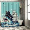 Whimsical Shower Curtain Featuring Black Cat Riding Shark Vintage Sailboat Perfect for Nautical Themed Bathrooms