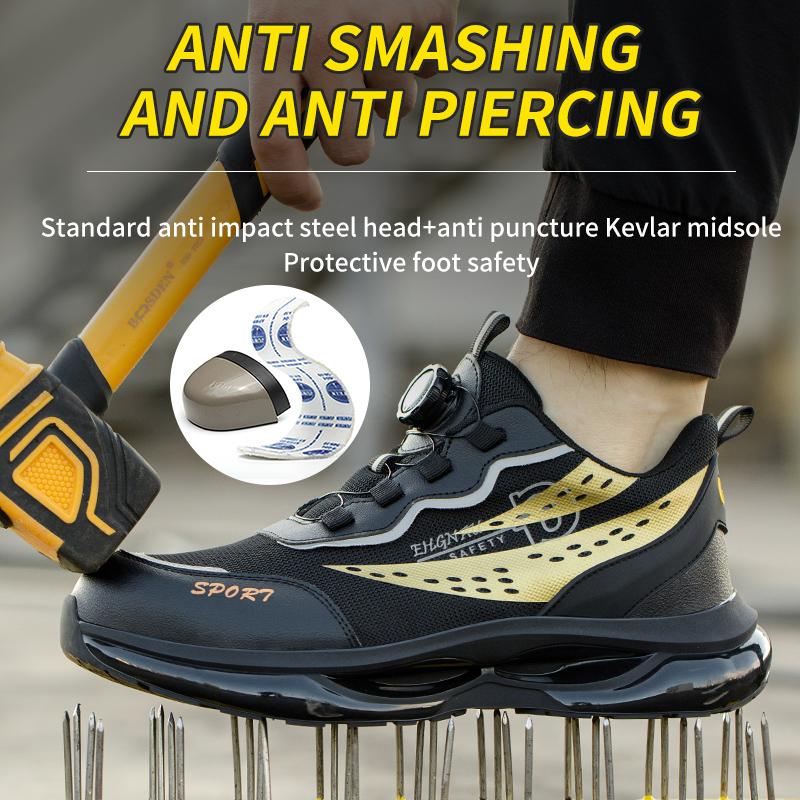 Safety Shoes For Men Air Cushion Steel Toe Work Shoes Anti-Smash Shoe Lightweight Breathable Slip On Utility Work Sneakers Black