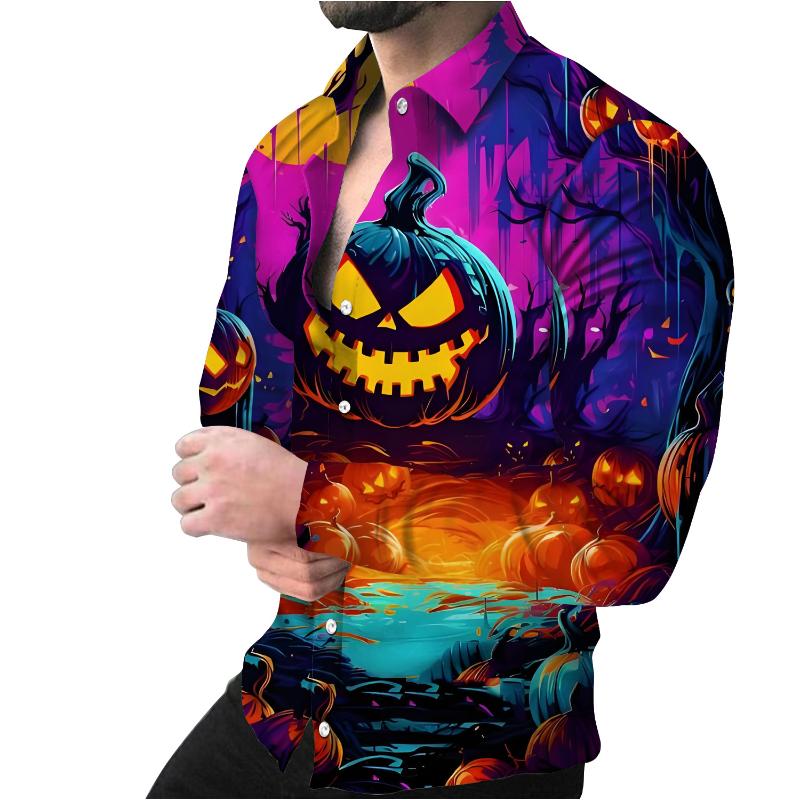 Men Tribal Vine Print Lapel Full Button Long Sleeve Contrast Cuff Dress Shirt