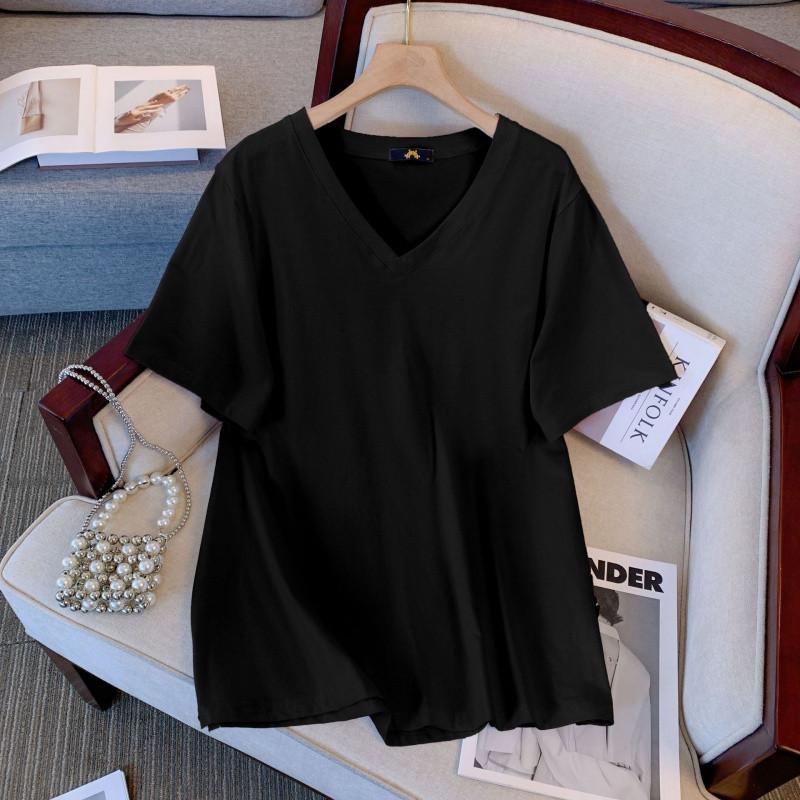 Женская футболка больших размеров летняя хлопковая с коротким рукавом свободная с V-образным вырезом
