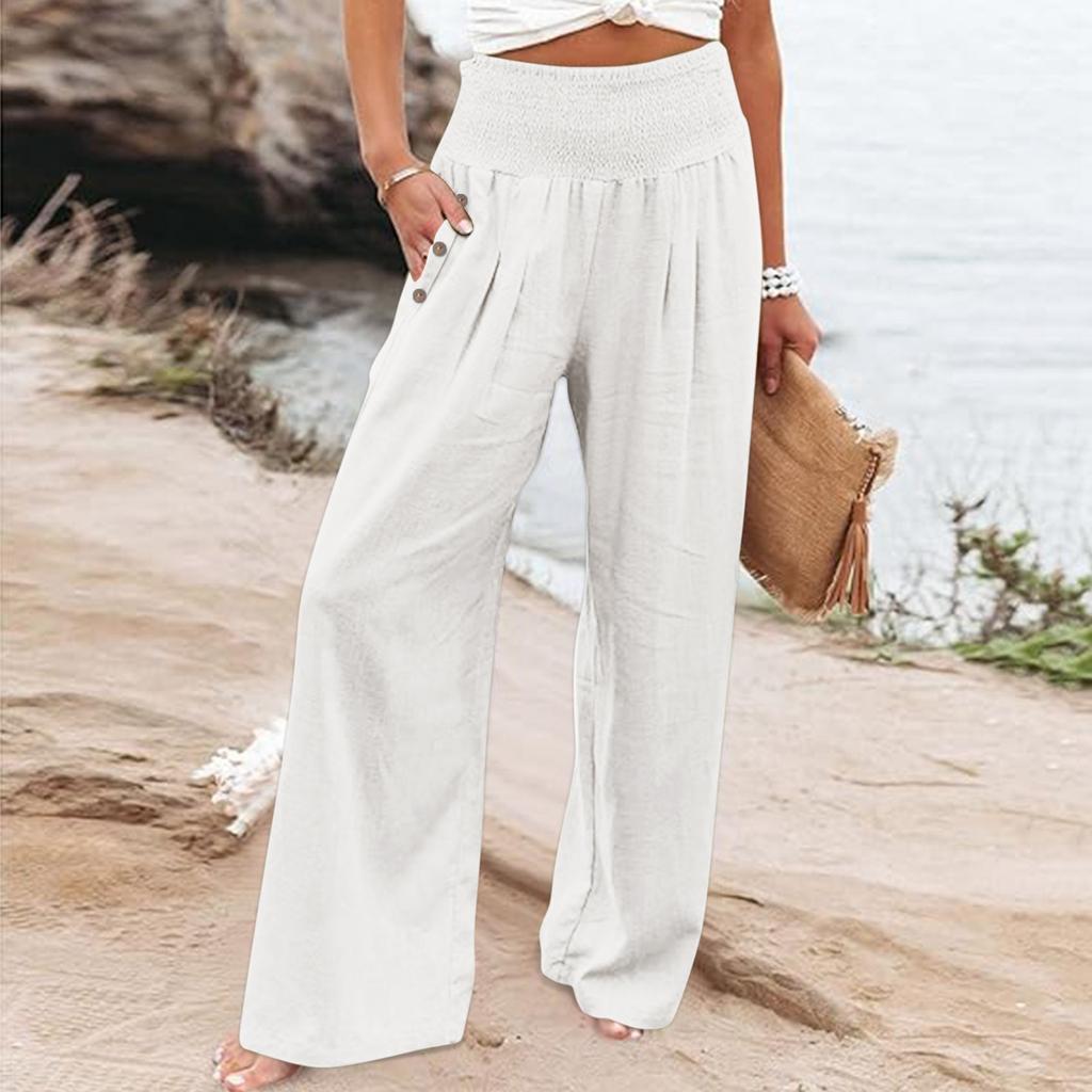 Summer Cotton Linen Wide Leg Pants Women Loose Palazzo Pant Pocket Elastic Waist Button Casual Pants