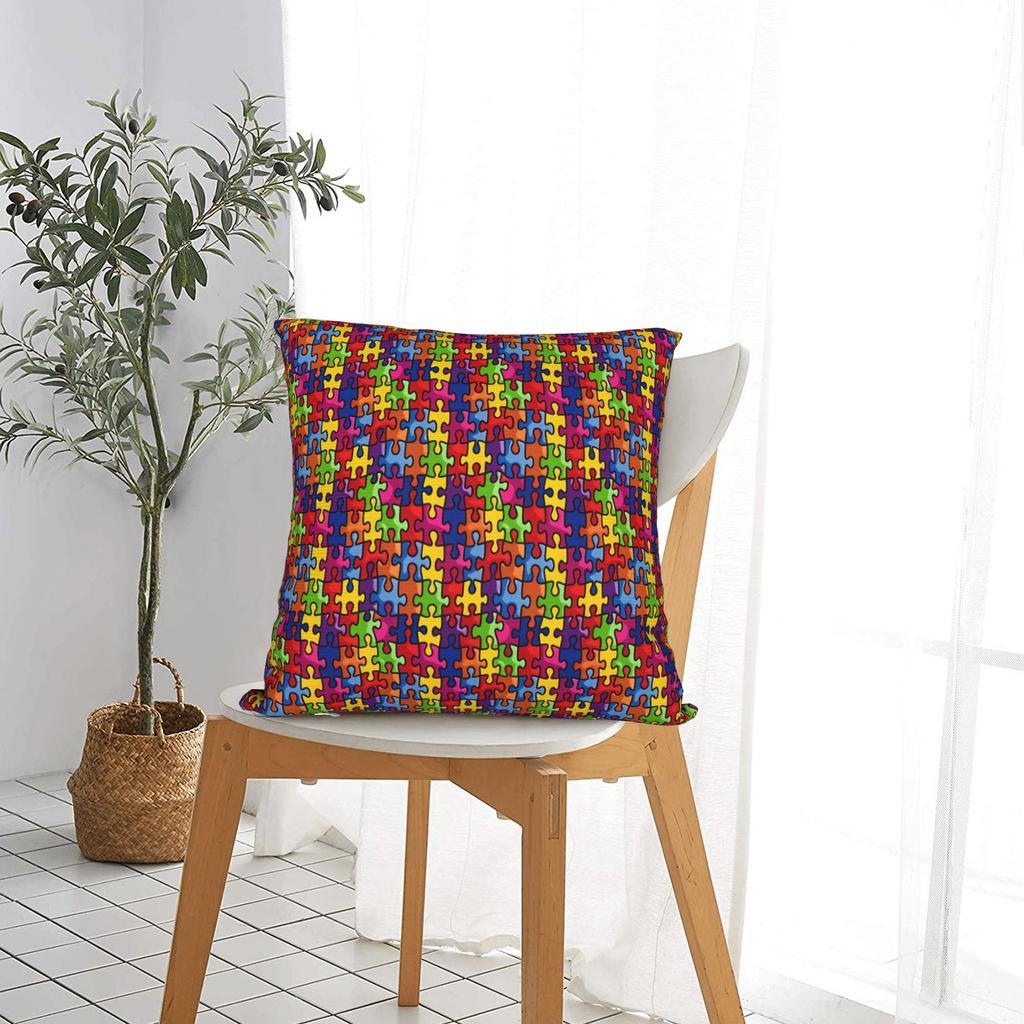 Vibrant Neon Dense Autism Puzzle Pillow Cover Comfy Cushion Cover Fashion Pillow Case For Sofa Car Home Decor