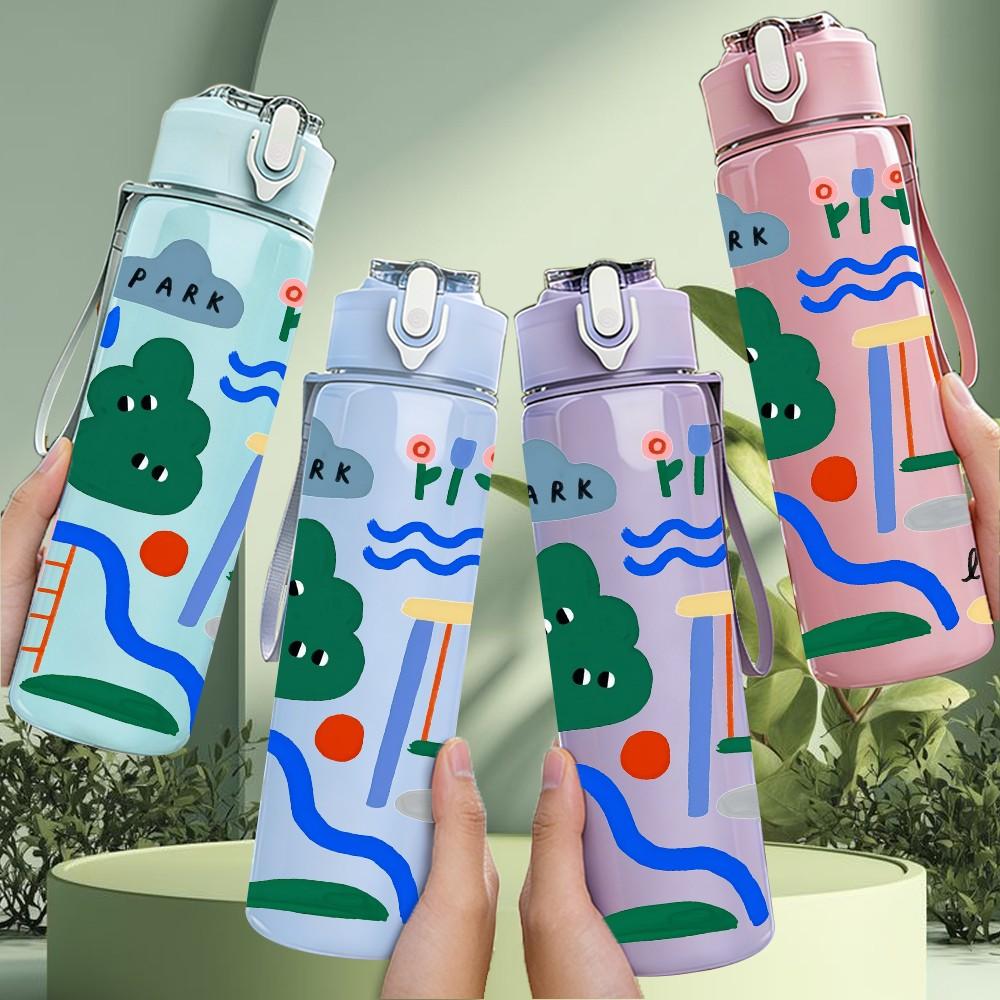 1PC Abstract Geometric Mountain Print 750ml Color Plastic Sports Water Bottle Leakproof Flip Straw Lid Suitable for Sports Office Home Use