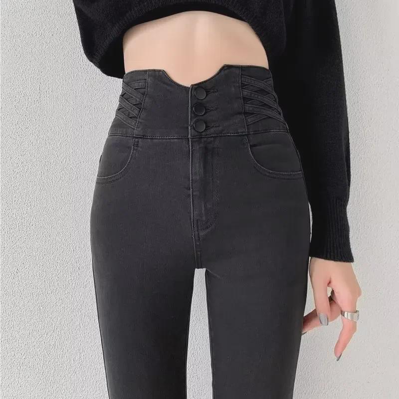 Женские зимние джинсы скинни с высокой талией 2023 года: Теплые, утягивающие, утягивающие брюки-карандаш
