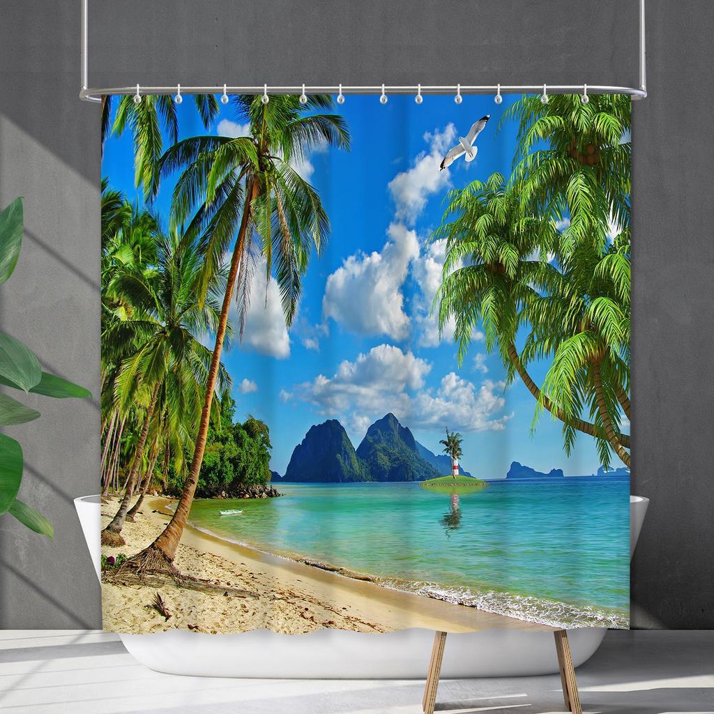 Shower Curtain Waterproof And Mildew-Proof Coconut Tree Beach Beach Bathroom Shower Curtain Shower Curtain Partition Curtain Free Punching