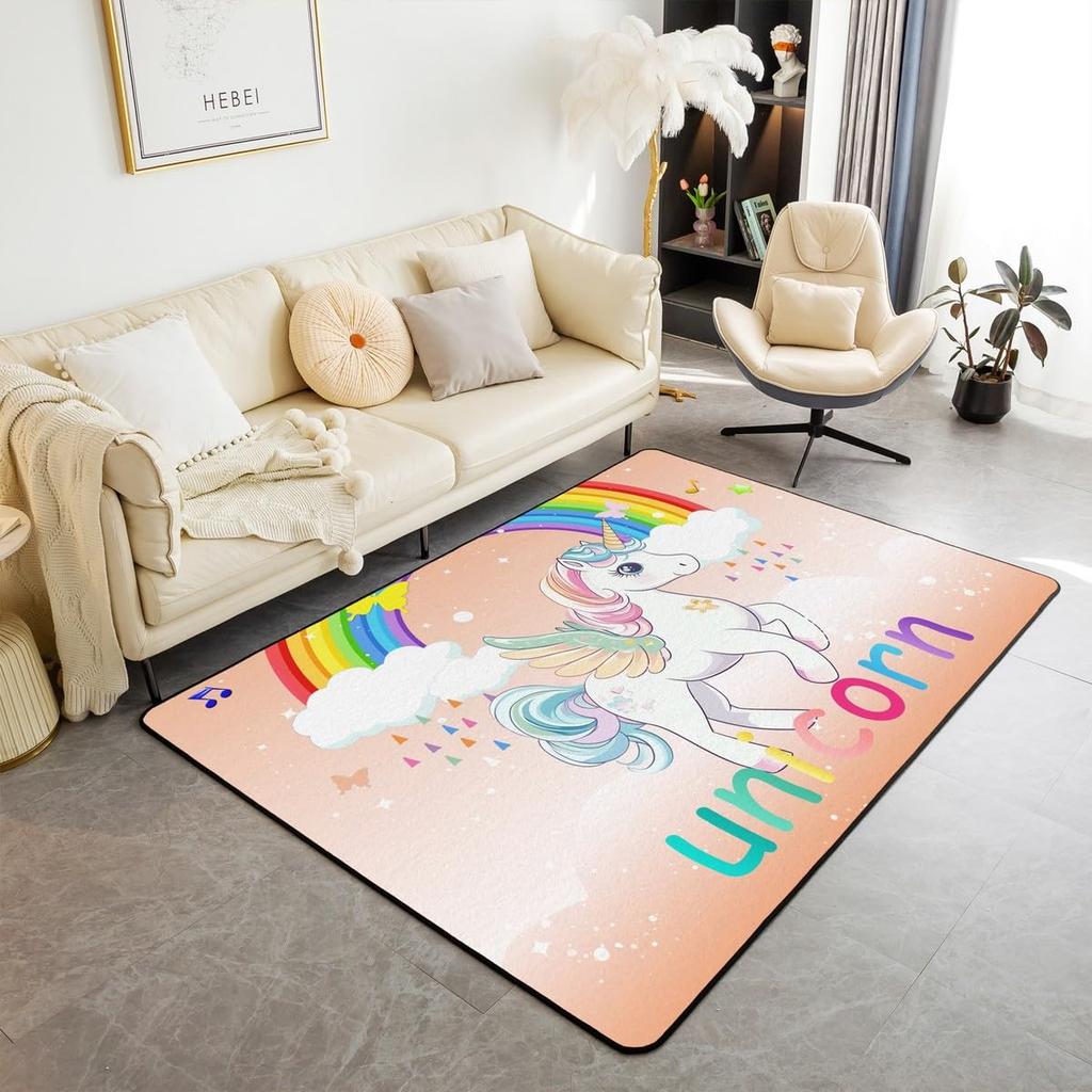 Unicorn Living Room Rugs 3x5 for Girls, Kawaii Rainbow Unicorn Area Rug for Bedroom, Kids Galaxy Stars Carpet Non Slip, White Horse Floral I