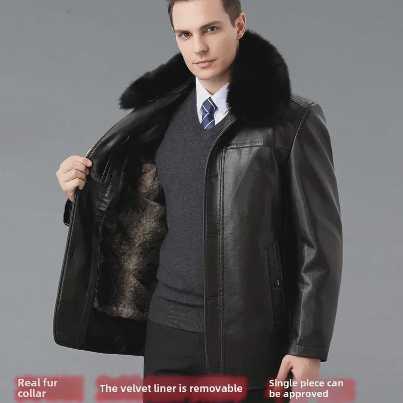 Men's Winter Sheepskin Leather Jacket with Detachable Liner and Real Fur Collar