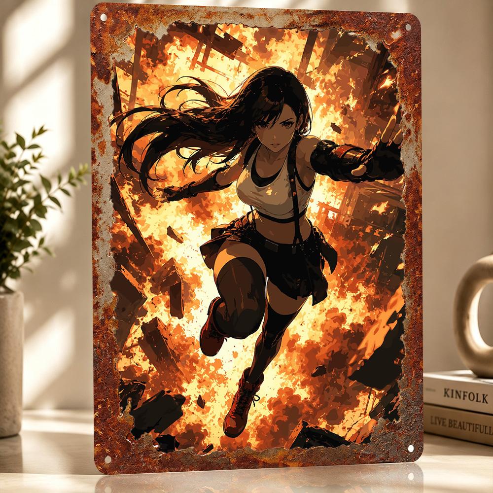 Tifa Lockhart in Fiery Chaos Personalized D Textured Metal Poster Wall Art Tinplate Sign for Living Room Interior Decoration