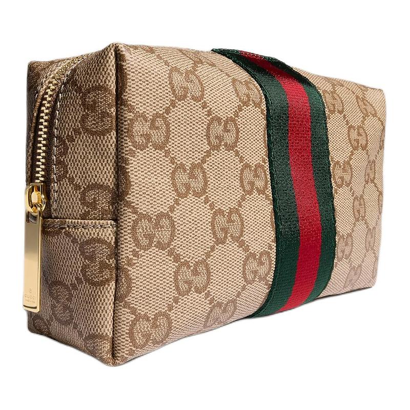 Gucci Generation gold hardware zipper closure GG coated canvas cosmetic bag medium women's sand color with dark brown