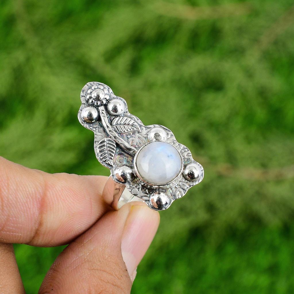 Sterling Silver Natural Rainbow Moonstone Promise Flower Statement Ring Jewelry