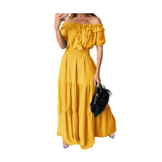 Women's Summer Off Shoulder Ruffle Maxi Dress Short Sleeve High Waist A-Line Dress Flowy Beach Long Dress