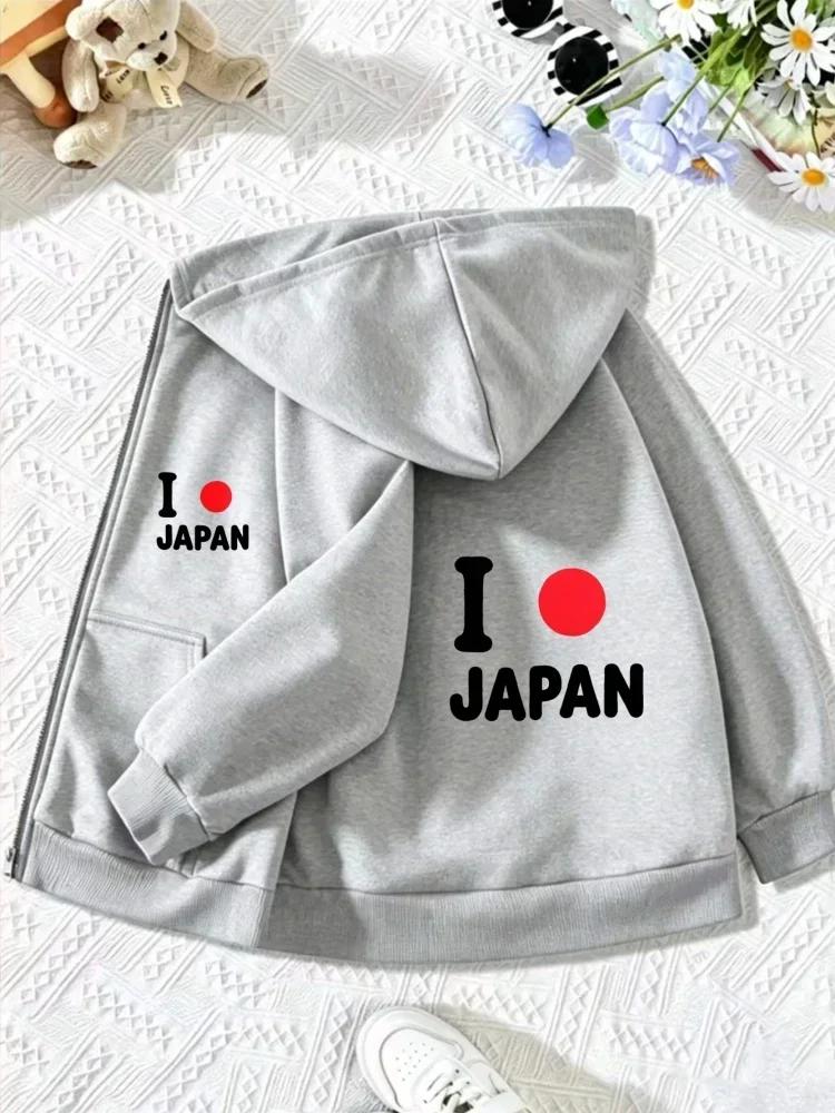 Kids Long Sleeve Zip Hooded Sweatshirt Double Side I Love Japan Red Dot Letter Graphic Design Loose Casual Hooded Jacket