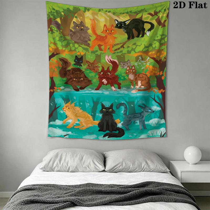 Cat Warrior Wall Tapestry Aesthetic Wall Hanging Printed Fabric Blanket Decorative Tapestries for Bedroom Living Room Home Decor
