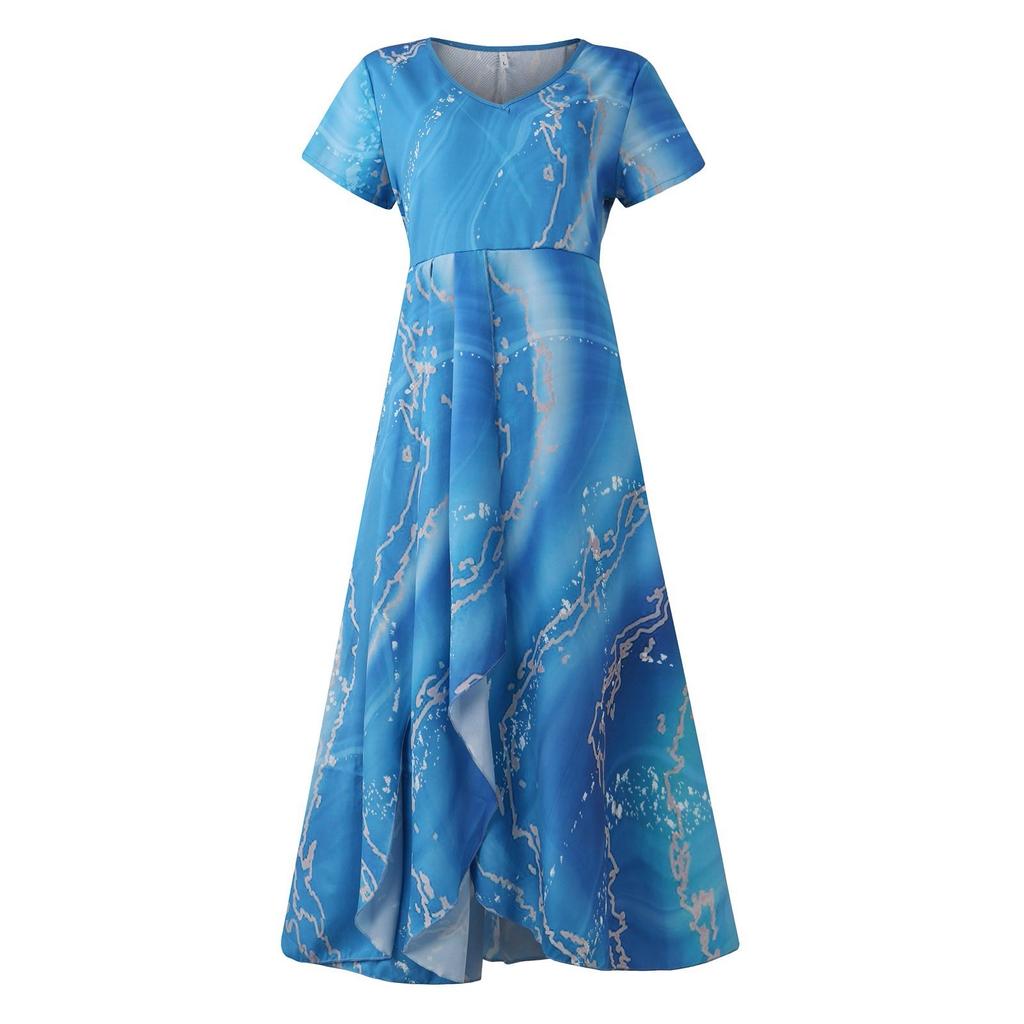 Женское повседневное большое длинное платье с v-образным вырезом и молнией с короткими рукавами и вставками с принтом