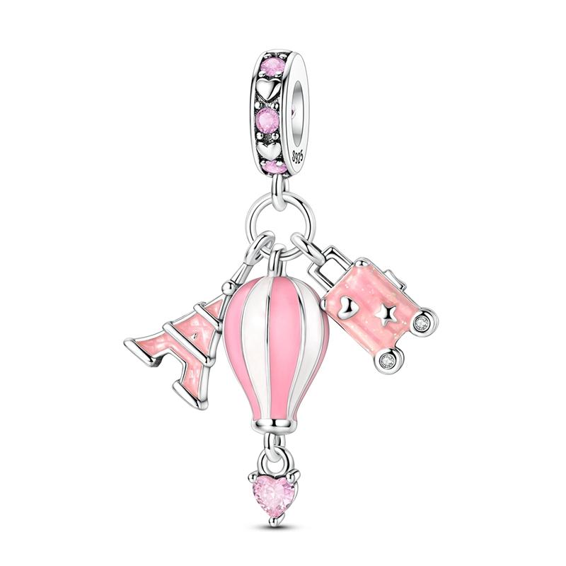 Original 925 Sterling Silver Charms Pink Iron Tower Hot Air Balloon Travel Case Pendant Fit Original Bracelet For Women DIY Gift
